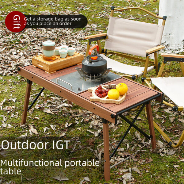 Outdoor IGT Camping Table Lightweight Frame Wood Grain Aluminum Alloy Multifunctional Folding Table Picnic Portable Egg Roll Table